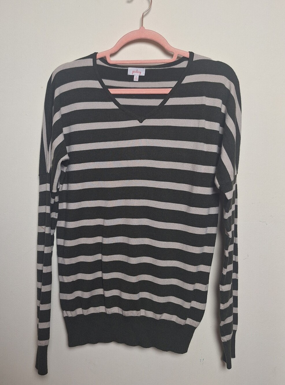 Stitch Fix Pixley Borrego Green and Gray Striped V-Neck Sweater Size Medium